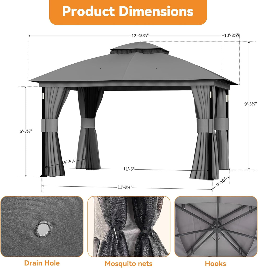 Patio Gazebo 11'x13' with LED Lights & Bluetooth Speaker, Heavy Duty Outdoor Canopy Shelter with Metal Frame - Gray