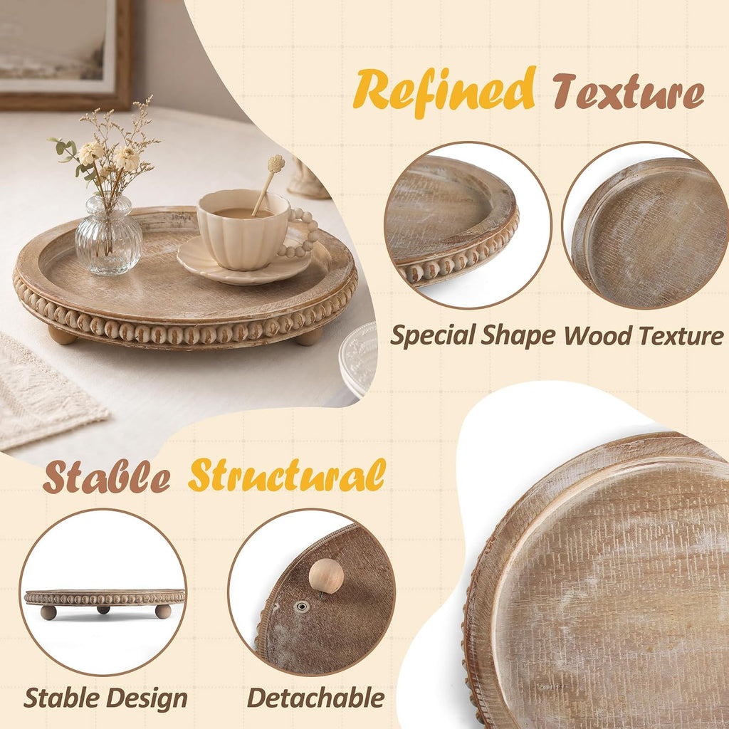 Round Decorative Tray for Coffee Table, Natural Wood Beaded Tray with Detachable Legs, 11.87" Farmhouse Rustic