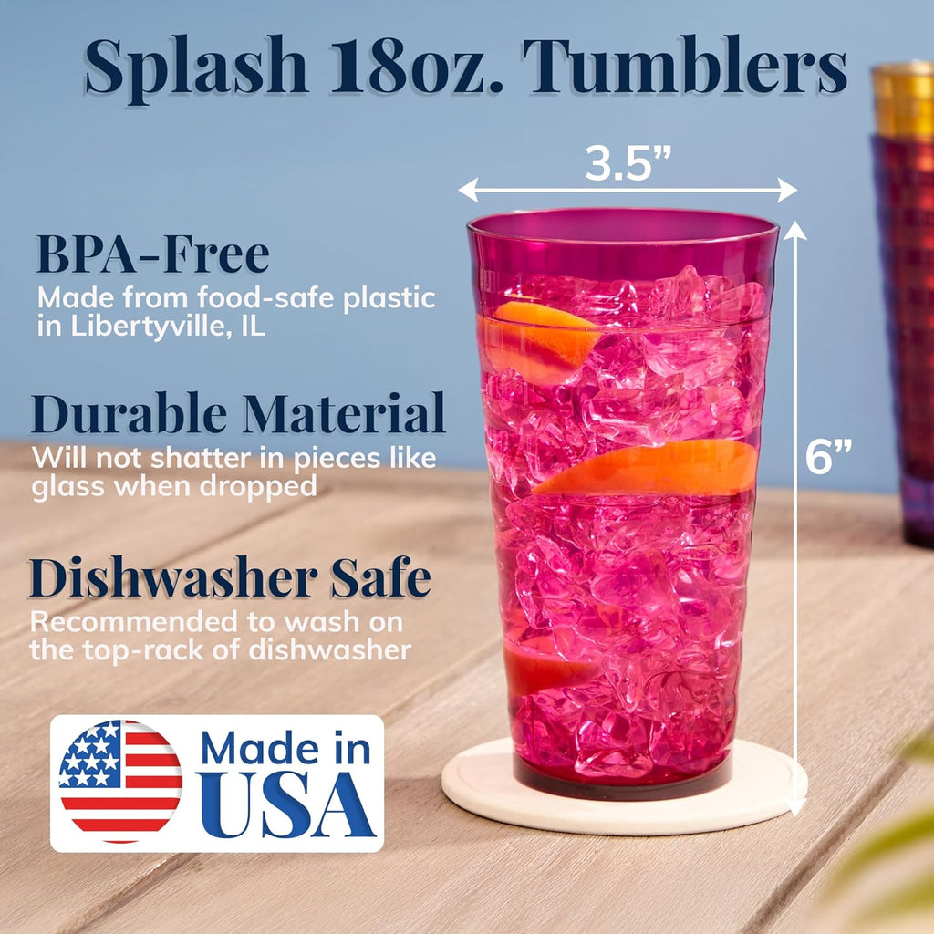 Splash [Set of 16] 18 ounce Plastic Stackable Water Tumblers in Jewel Tone Colors Value Set of Drinking Cups