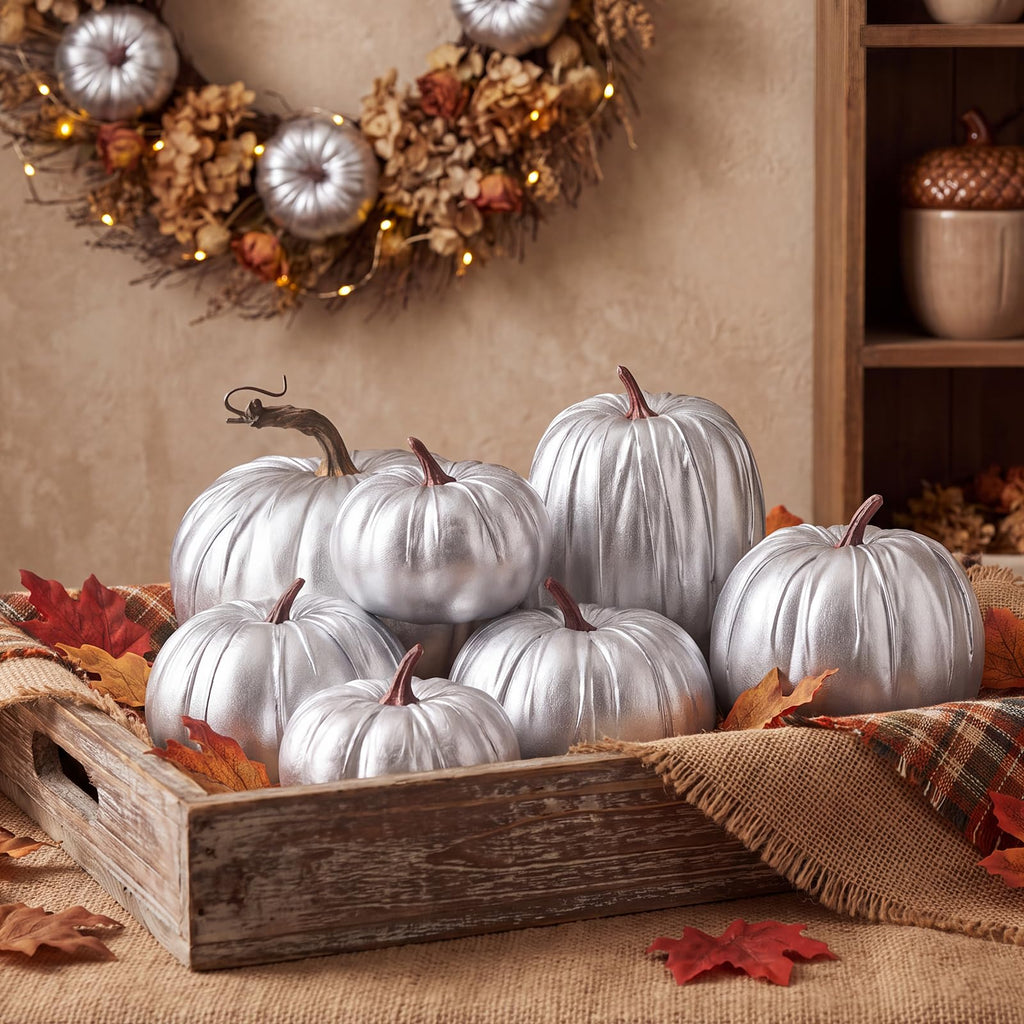 8 Pcs Fake Silver Leather Pumpkins Artificial Pumpkin Decoration