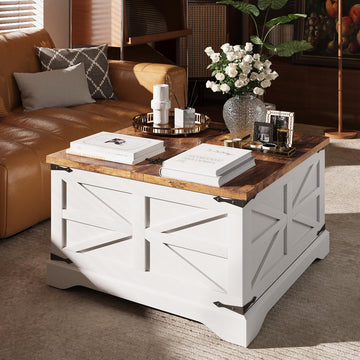 Farmhouse Coffee Table with Storage, Square Coffee Tables, Rustic Wood Center Table with Hinged Lifting Tabletop