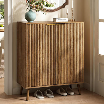 Fluted Shoe Cabinet with Doors, 5-Tier Shoe Storage Cabinet with Adjustable Shelves, Wooden Freestanding Shoe