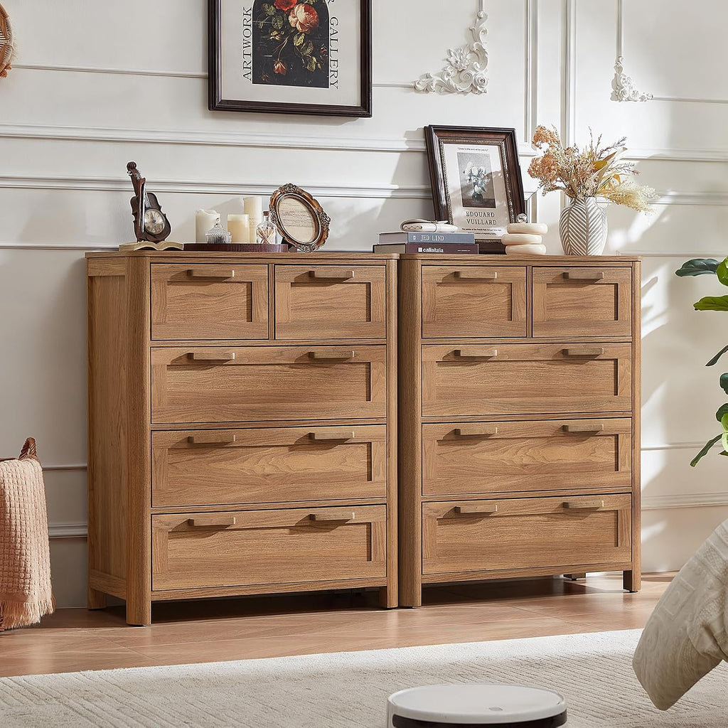 Farmhouse 5 Drawer Dresser , Brown | Vertical Dressers Chest of Drawers with 5 Deep Drawers & 4 Thickened Table Legs