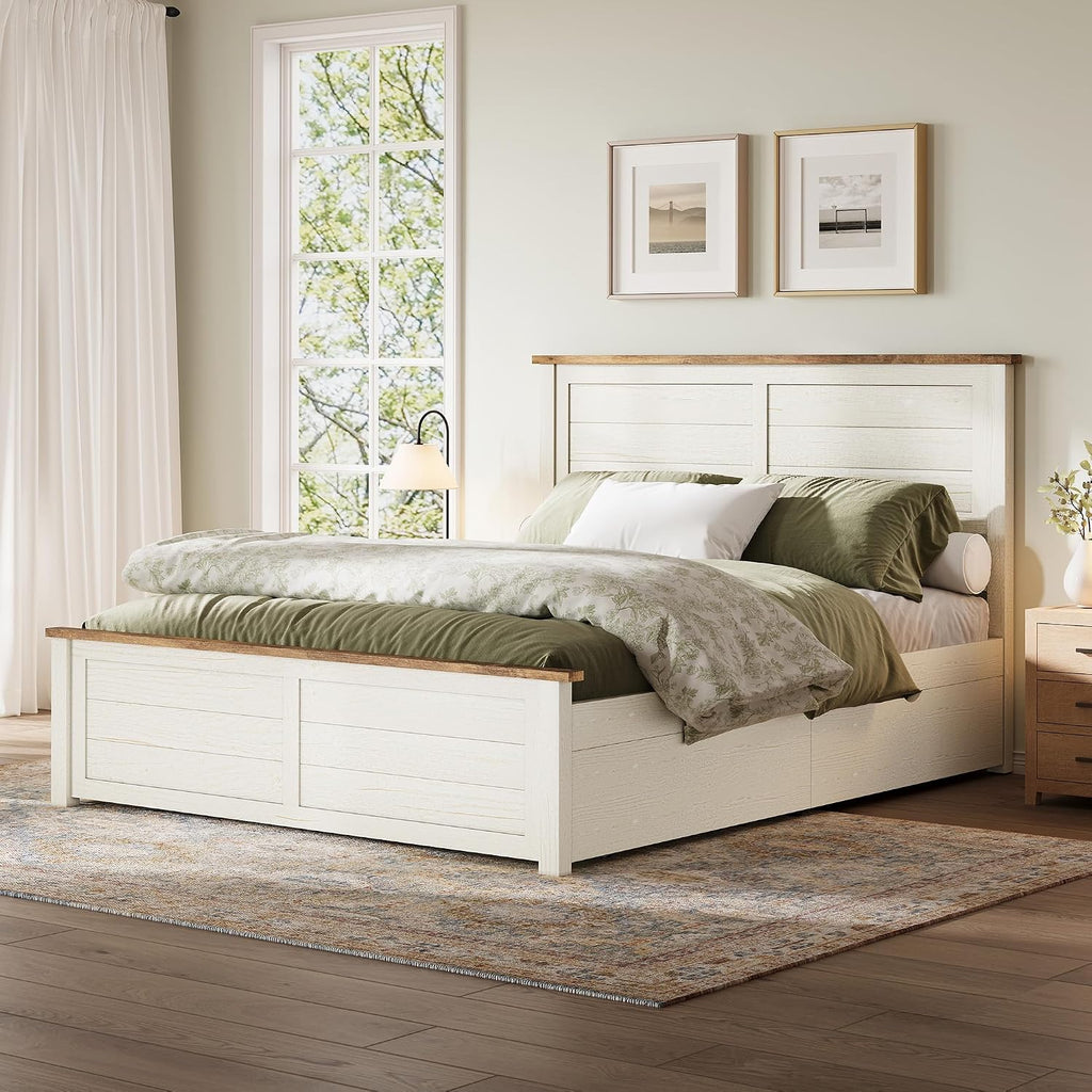 Queen Farmhouse Bed Frame with Headboard, Platform Bed with 4 Storage Drawers, Wood Bed Frame for Bedroom, Wood Slats