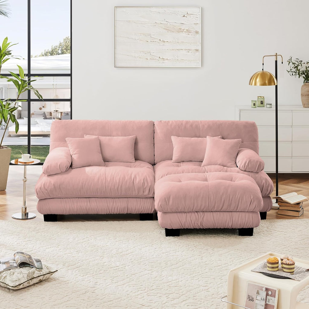 Modular Sectional Sofa Cloud Couch, Deep Seat L Shaped Couch with Ottoman, Pink Sofa Sectional Couches for Living Room