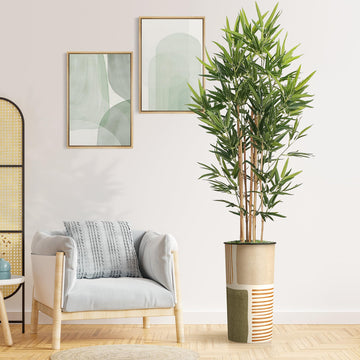 Artificial Tree in Mid-Century Green Polygon Abstract Shapes Planter, Fake Bamboo Silk Tree for Indoor and Outdoor