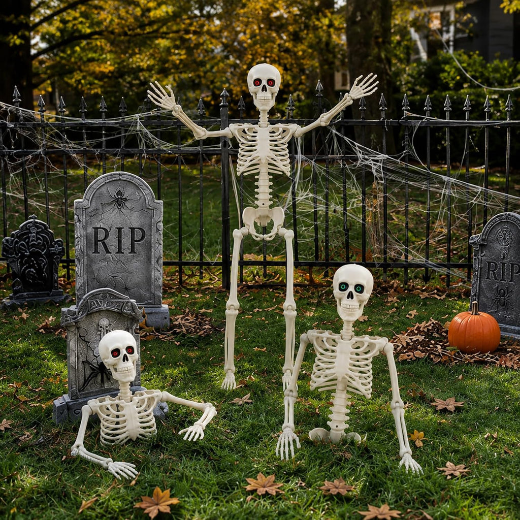 Halloween Skeleton Decorations - 2 Pack 3FT Poseable Skeletons with Eyes, Movable Joints & Jaw Scary Scenes, Yard - Set of 2