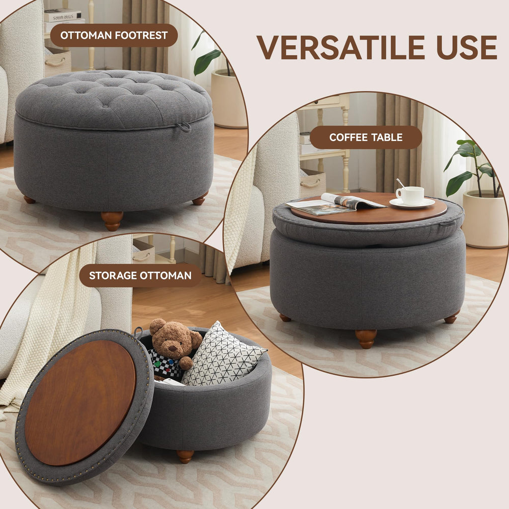 30Inch Round Storage Ottoman with Tray, Modern Tufted Fabric Circle Coffee Table with Storage, Upholstered Ottoman
