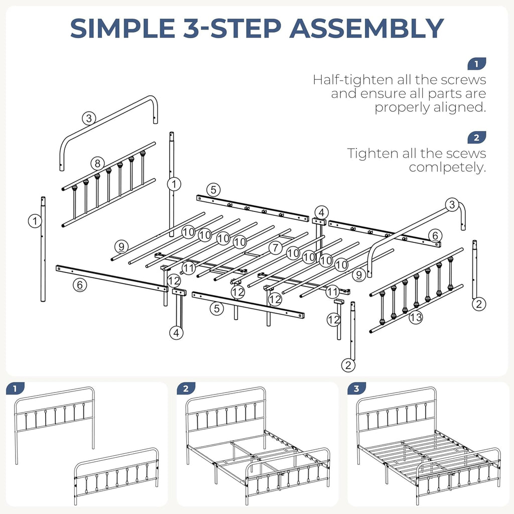 Classic Metal Platform Bed Frame Mattress Foundation with Victorian Style Iron-Art Headboard/Footboard/Under Bed