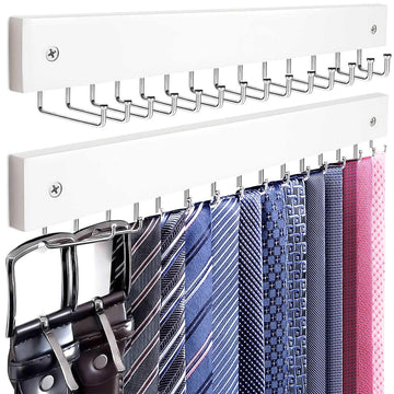 2-Pack Tie Rack Wall Mounted, Wooden Tie Hanger Tie Organizer for Men with 28 Folding Hooks, Space Saving Tie Holder