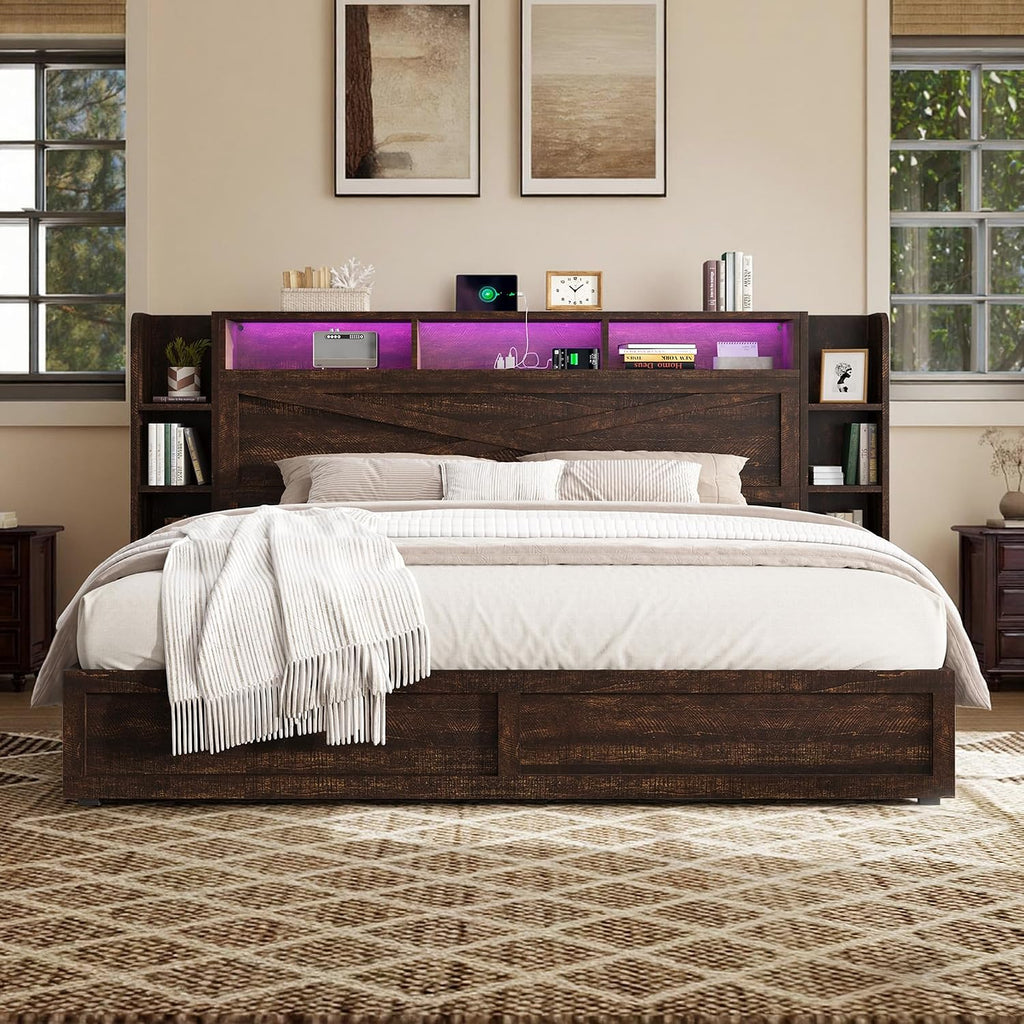 45'' Farmhouse Queen Bed Frame with 4 Drawers, LED Bed Frame with Bookcase Headboard & Side Shelves, Wood Platform