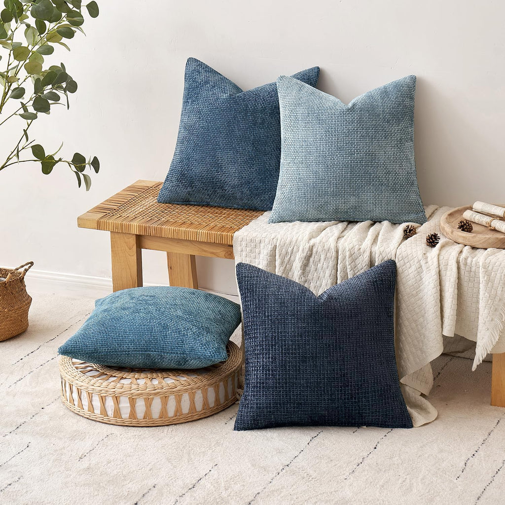 Pack of 4 Couch Throw Pillow Covers 18x18 Inch Neutral Blue Soft Decorative Chenille Pillow Covers Farmhouse Accent