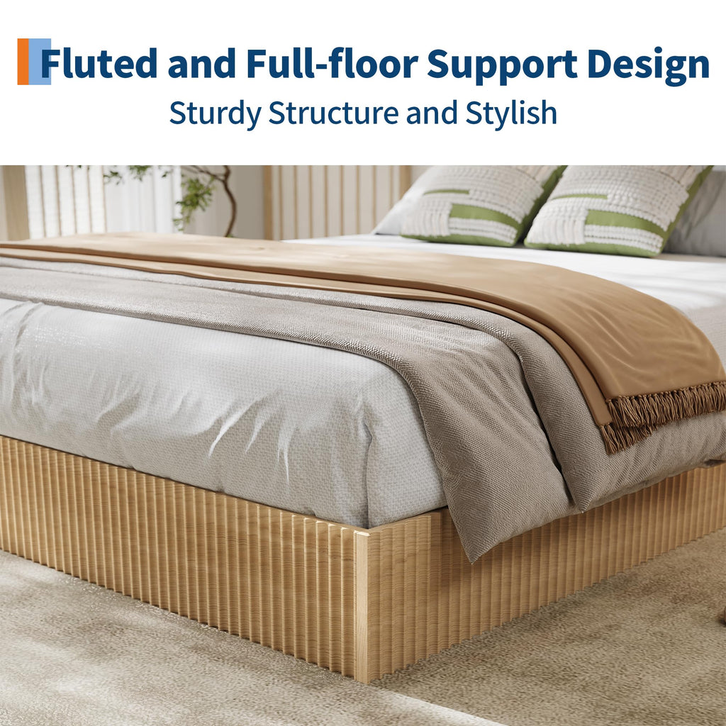 Full Bed Frame, Wood Platform Bed with Fluted Design