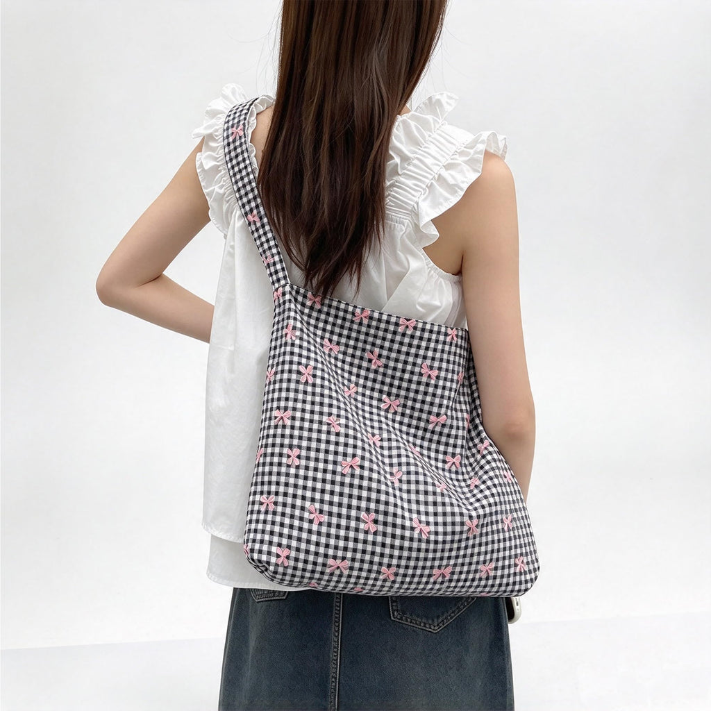 Classic Black White Gingham Fabric with Pink Bow Cotton Fabric by The Yard