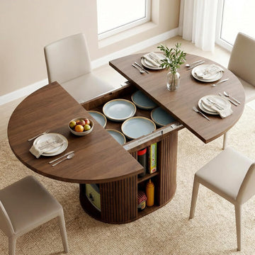 43.3'' - 59'' Extendable Round Dining Table for 4 - 8, Modern Wood Oval Kitchen Table with Storage Shelf