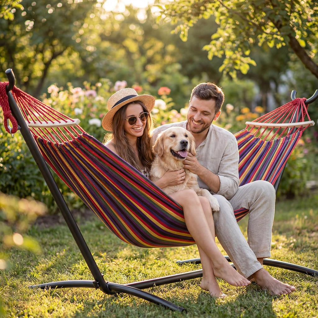 Double Hammock with Stand, 2 Person Heavy Duty Hammock with Steel Stand, 600 lbs Capacity Cotton Hammock for Outdoor