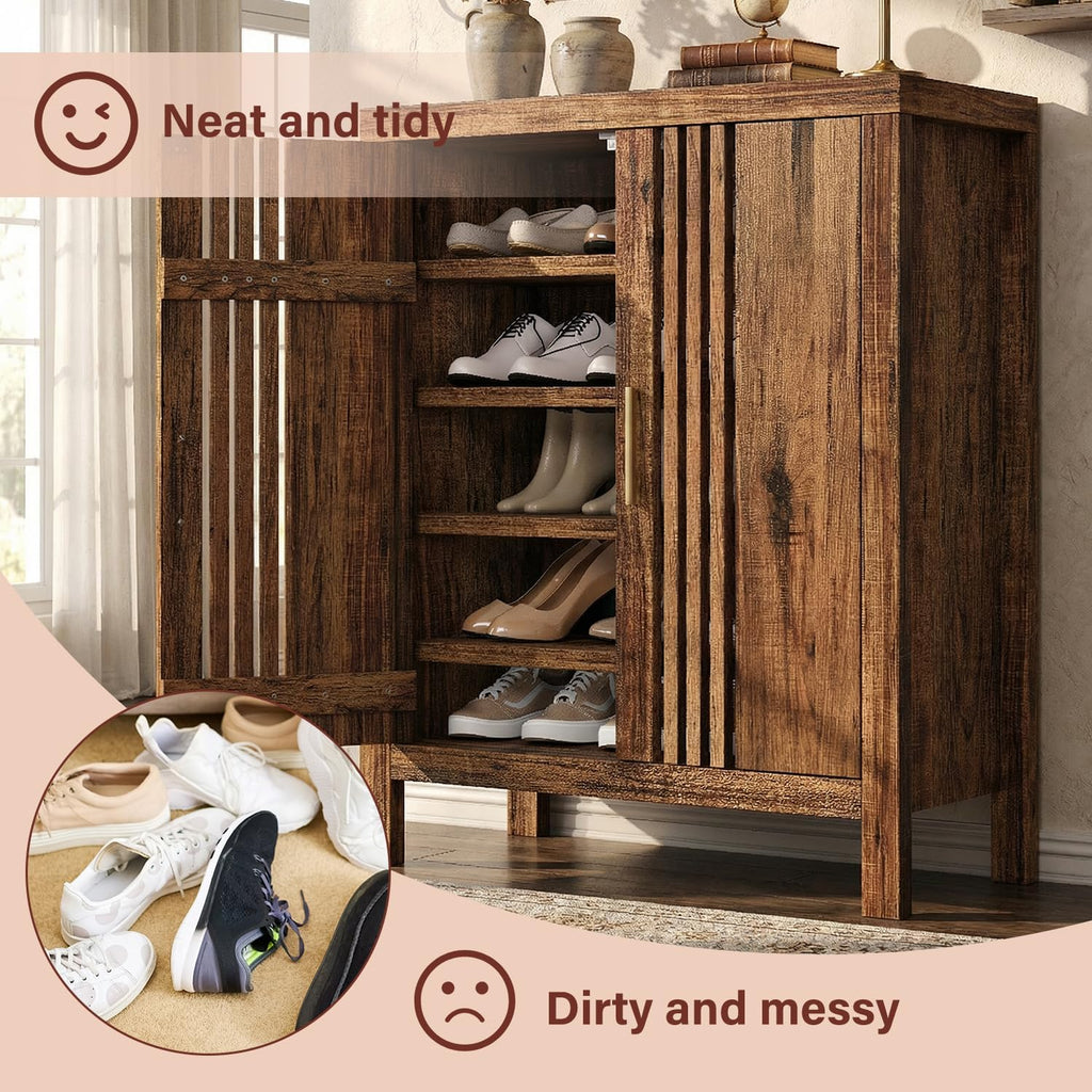 Shutter Doors 5-Tier Shoe Storage Cabinet with Adjustable Shelves, Wooden Entryway Cabinet Living Room, Freestanding