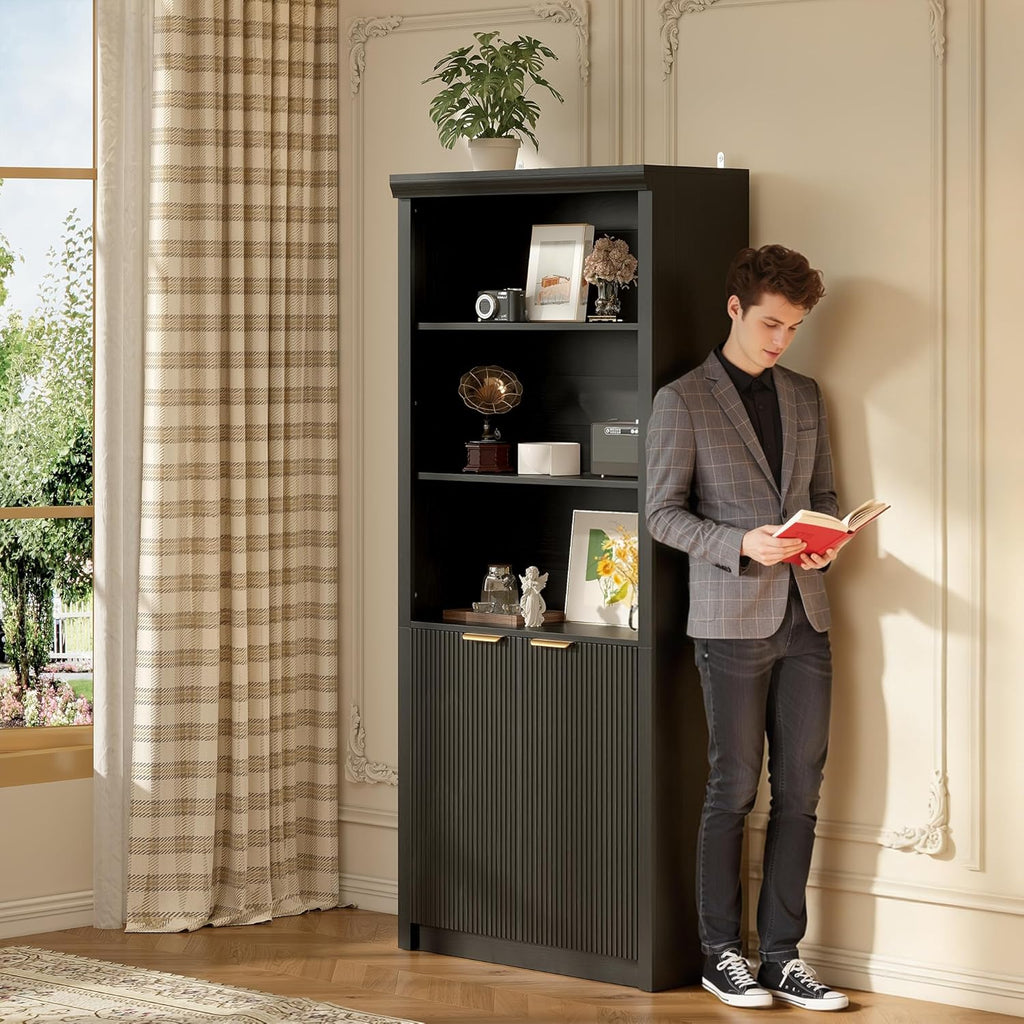 Modern Tall Book Shelf and Bookcase, 31.5"Wide Bookshelf with Doors, Farmhouse Book Case with Adjustable Top Shelf