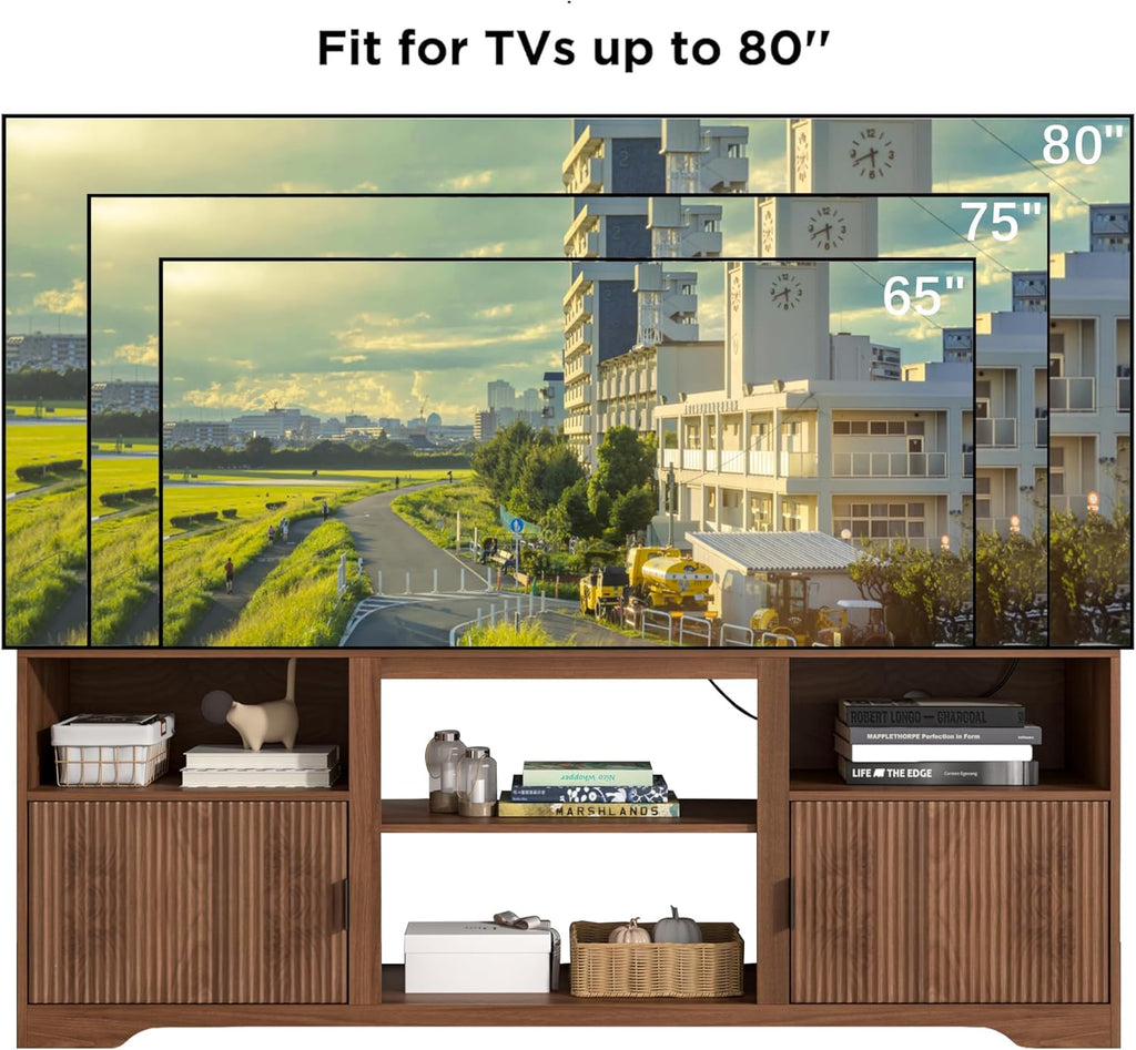 Fluted TV Stand for Tvs up to 80",Mid Century Modern TV Stand with Open Adjustable Shelf,Entertainment Center Wood TV