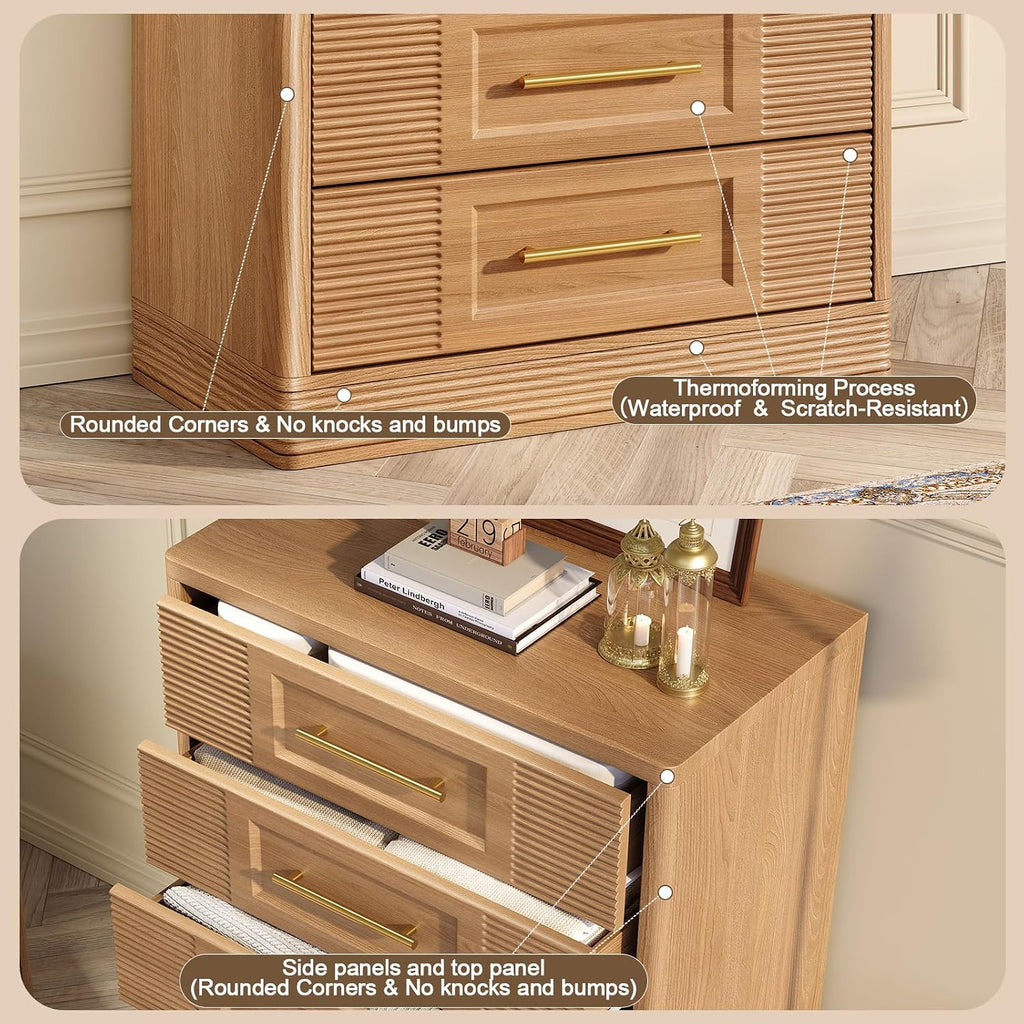 Farmhouse 5 Drawers Dresser , 44" Tall Modern Chest of Drawers, Wooden Curved Dresser Organizer , Natural Oak