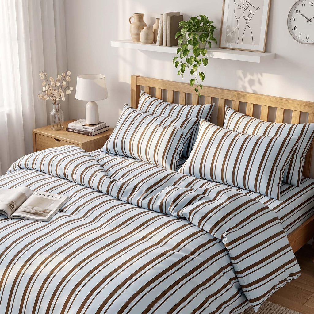 Blue Brown Striped Duvet Cover Set Queen Modern Farmhouse Bedding