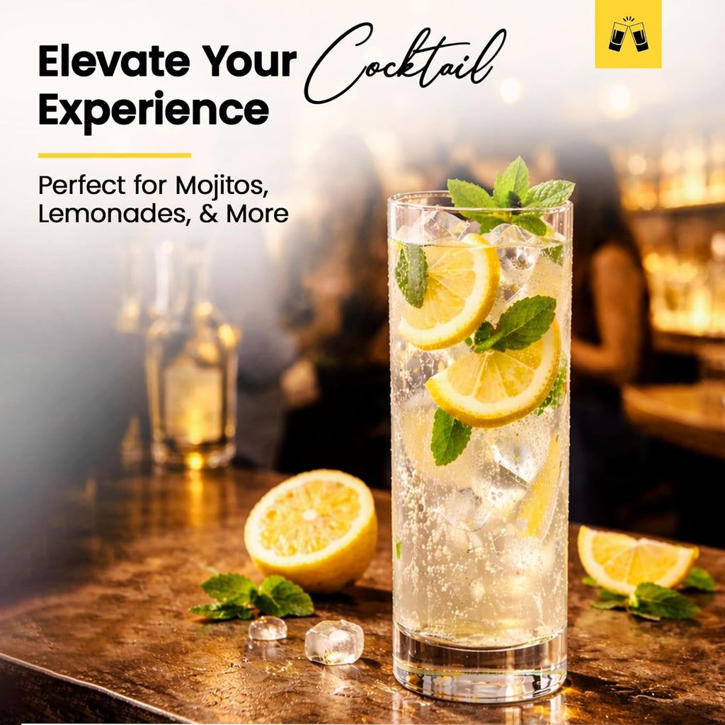 Premium Highball Glass Set | Tom Collins Glasses 12oz Set of 6 | Lead-Free Glass with Heavy Base | Dishwasher Safe