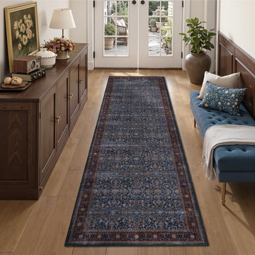 Washable Hallway Runner Rug 2'x7', Vintage Old Money, Dark Blue