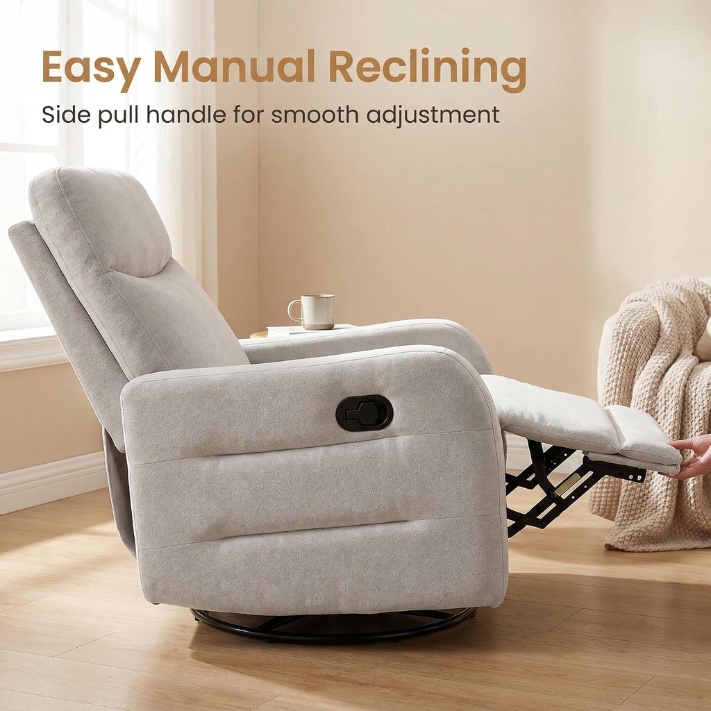 360° Swivel Glider Rocker Recliner Chair, Manual Reclining Sofa Chair with Side Pull Handle,Fabric Upholstered Lounge