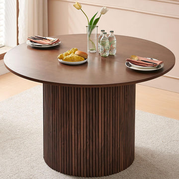 47 Inch Round Dining Table with Walnut Veneer, Rustic Farmhouse Style Kitchen Dinner Table for 4 - 6 People, MDF Core