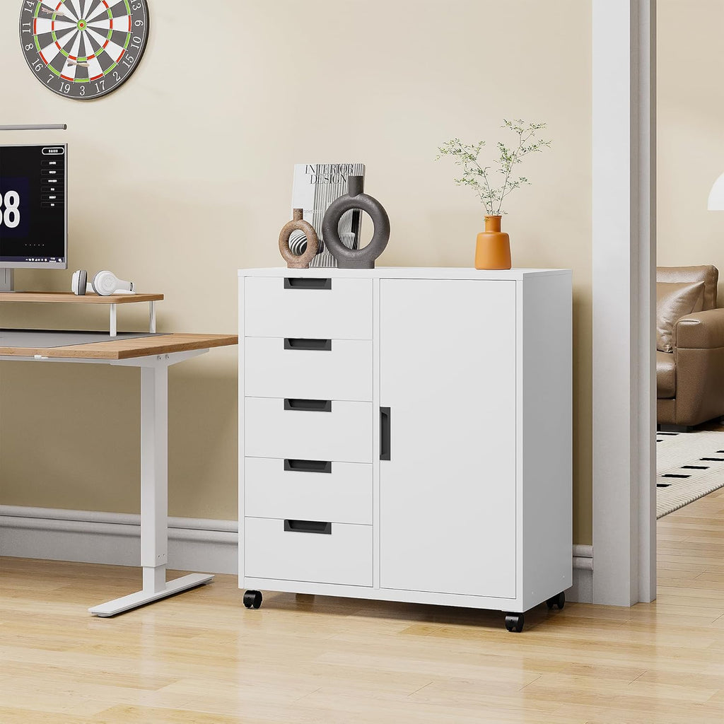 5-Drawer Metal Storage Cabinet with Adjustable Shelves and Wheels, Printer Stand with Storage, Craft Organizers and
