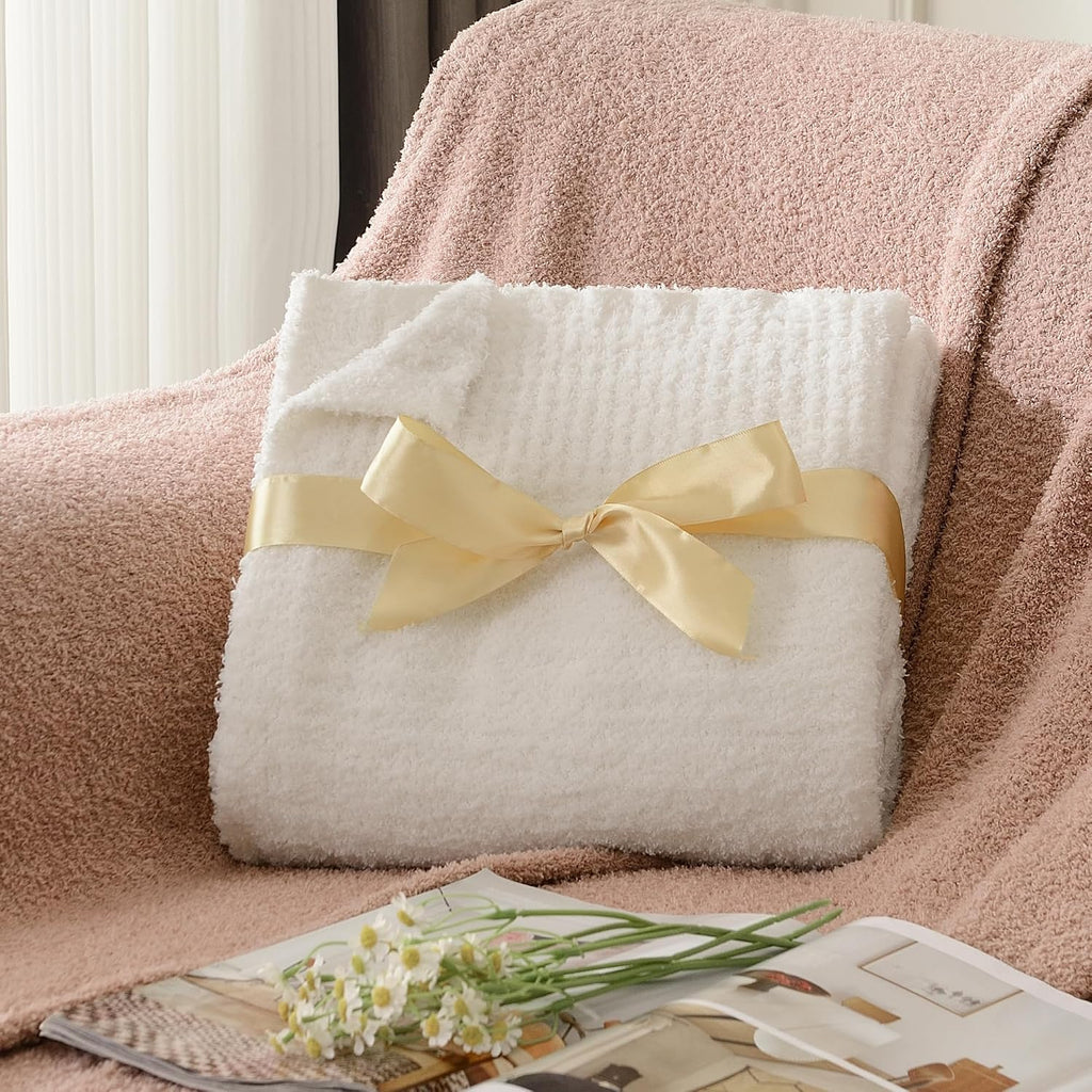 Cream Throw Blanket, Super Soft Knit Blankets, Cozy Fleece Fuzzy Fluffy Plush Chenille Throws Blanket, Cream, 60 x 80