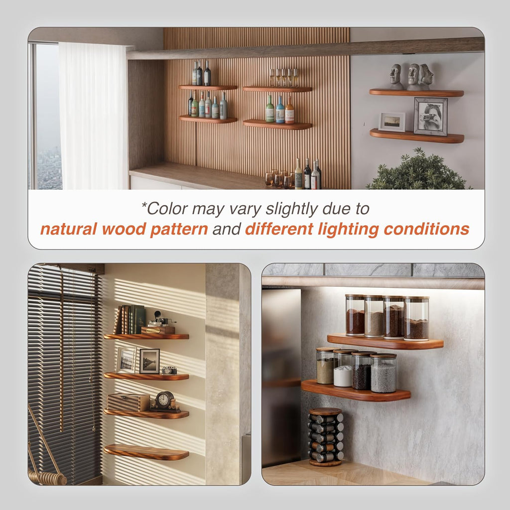 17" Acacia Wood Floating Shelves Wall Mounted (Round Edge) - Rustic Farmhouse Wooden Wall Storage Shelf - Brackets