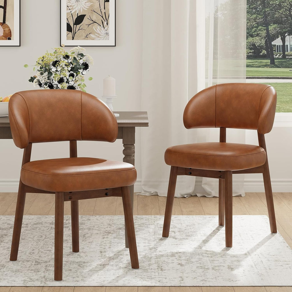 Wooden Dining Chairs Set of 2, Modern Upholstered Dining Room Chair, PU Leather Kitchen Side Chairs with Curved Open
