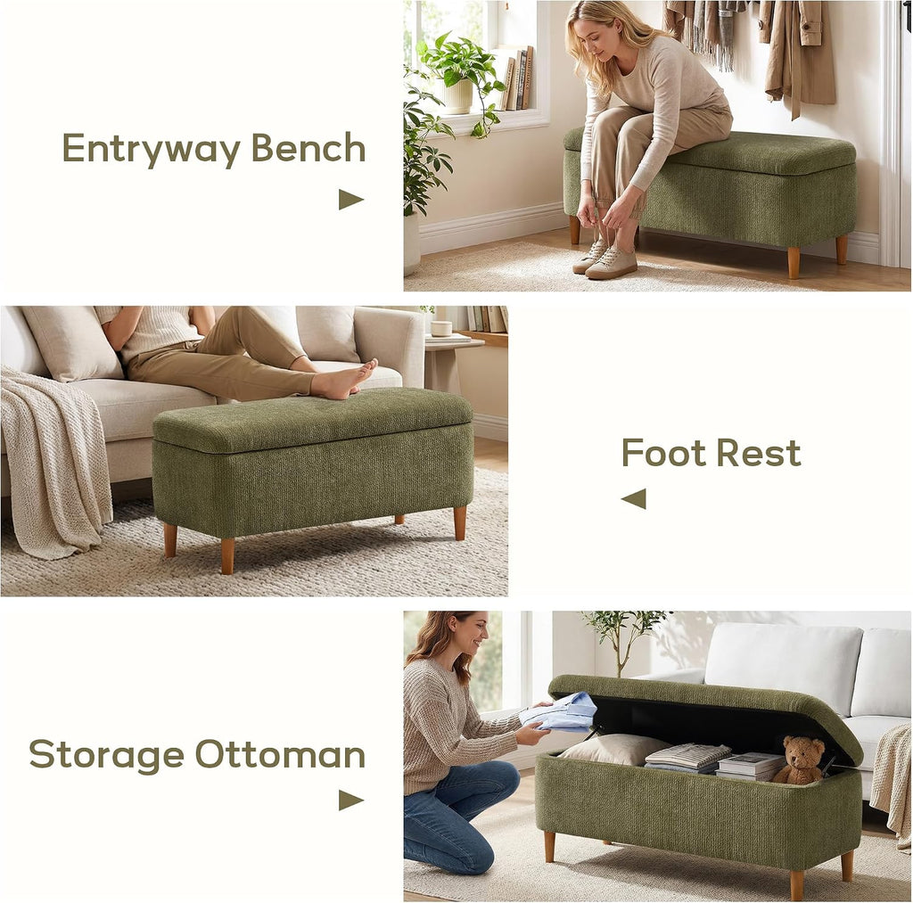 39.4" Ottoman with Storage Upholstered Storage Bench | Modern Fabric End of Bed Bench Footstool with Wooden Legs