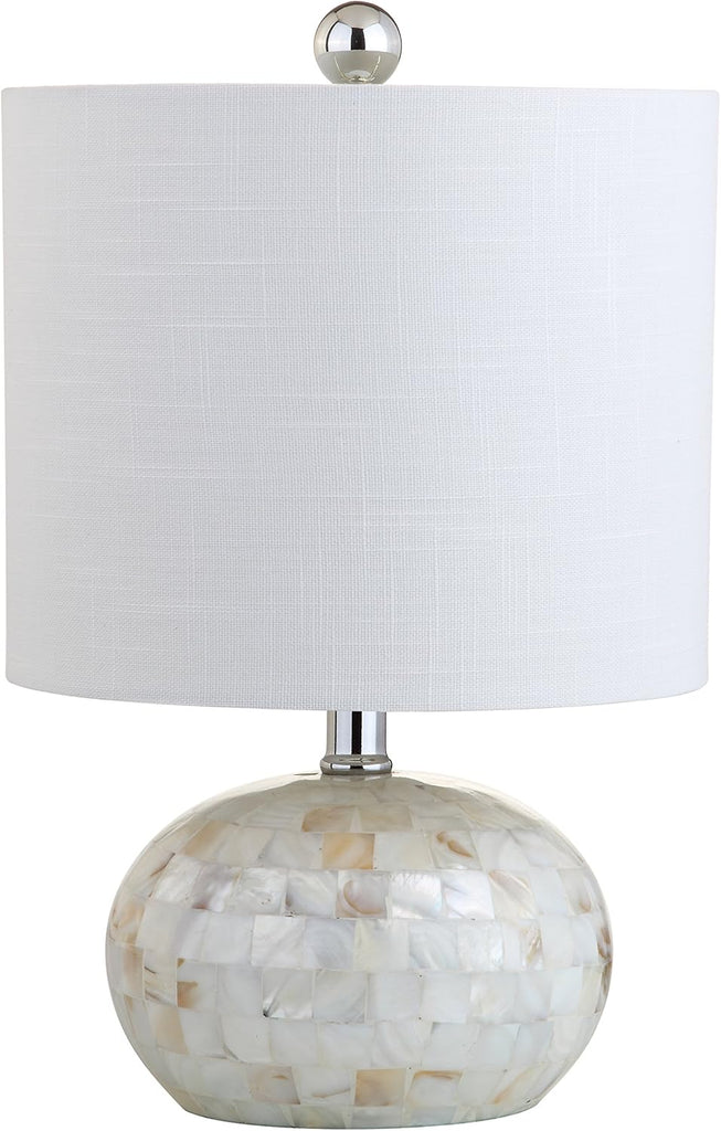 16" Coastal Capiz Shell Mosaic Table Lamp Living Room, White Linen Shade, Transitional Cottage Nightstand Lamp
