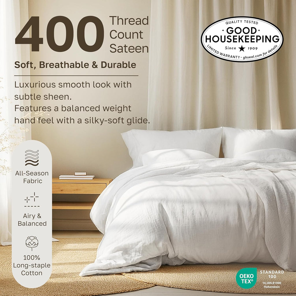 Soft 100% Cotton Sheet Set, 400 TC Good Housekeeping Award Winner, Silky Smooth Sateen Weave with Deep Pockets