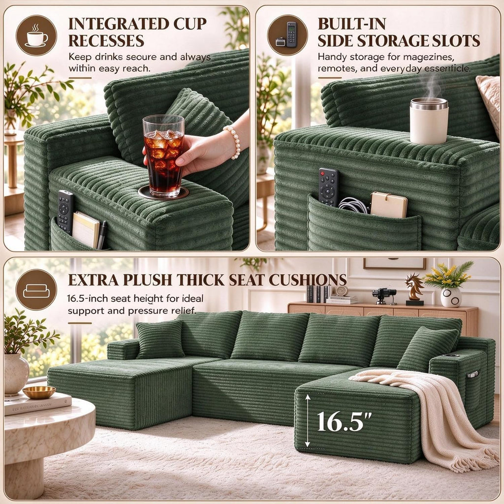134" Boneless Couch, U-Shaped Modular Sectional Sofa, Green
