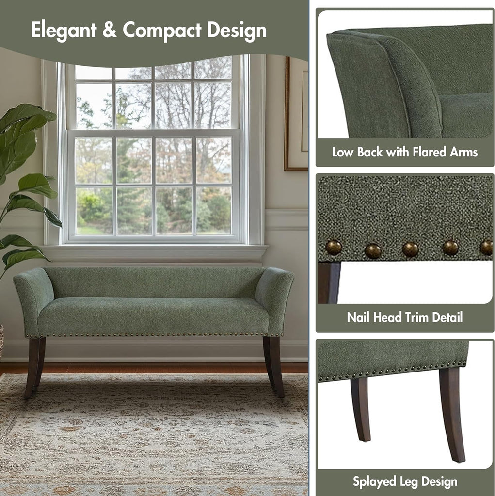 Accent Bench, Plush Upholstered, Nailhead Trim, & Padded Seat Entryway Bench Small, End of Bed Bench with Back, 49.5"