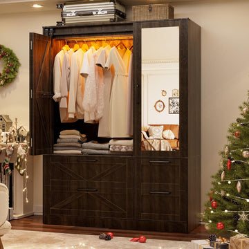 Armoire Wardrobe Closet with w/Folding Sliding Barn Door | Bedroom Armoires with Mirror and LED Lights, Hanging Rod