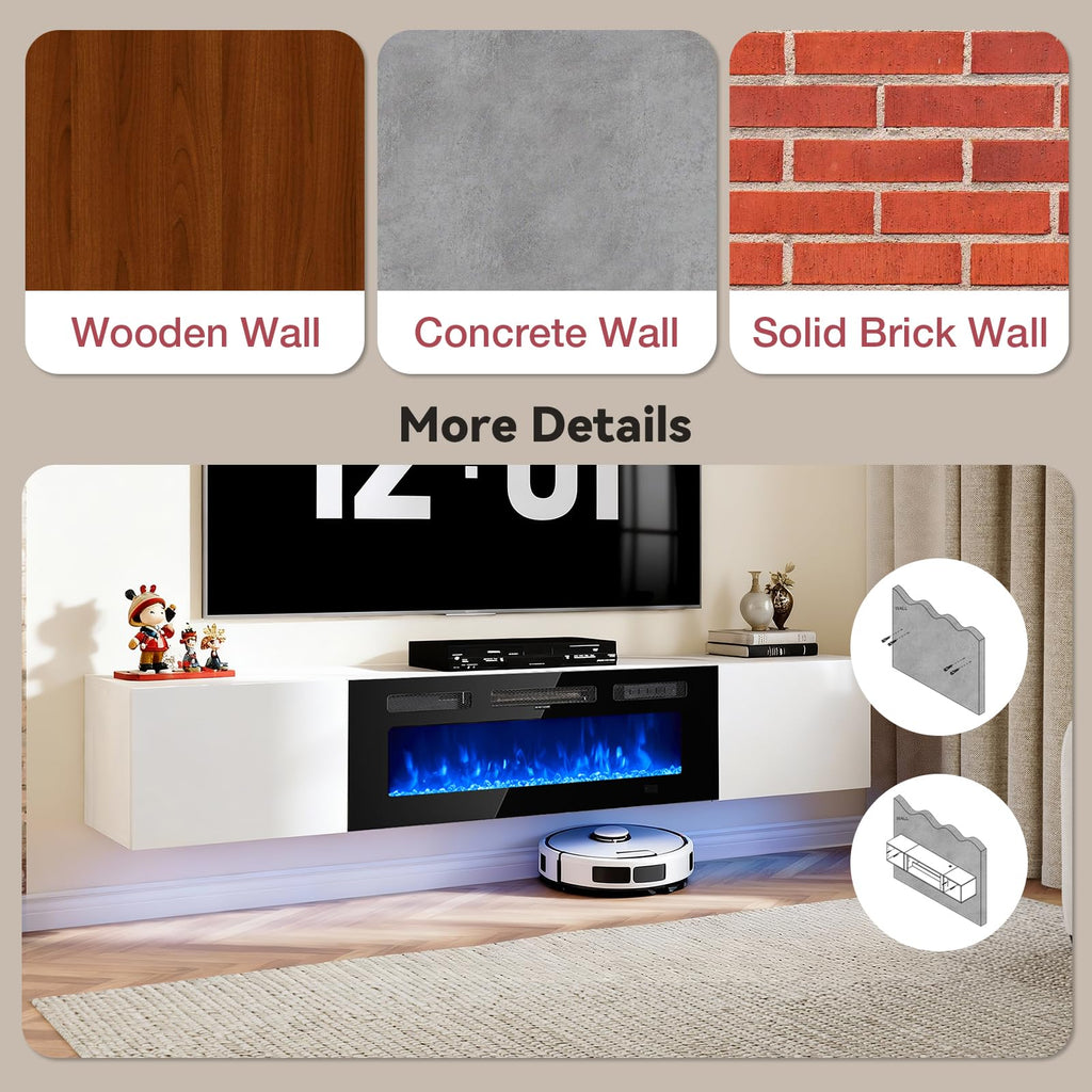 80'' Floating TV Stand with 40" Electric Fireplace, Wall Mounted Entertainment Center with Storage for TVs up to 90"