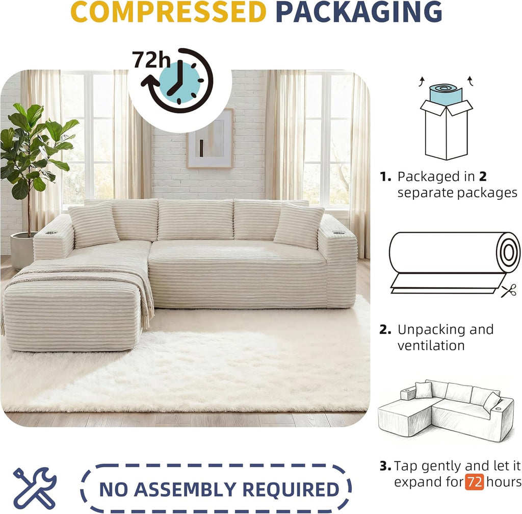 Boneless Couches for Living Room,Modular Sectional Sofa with 2 Cup Holders,Memory Foam Cloud Couch with L Shaped