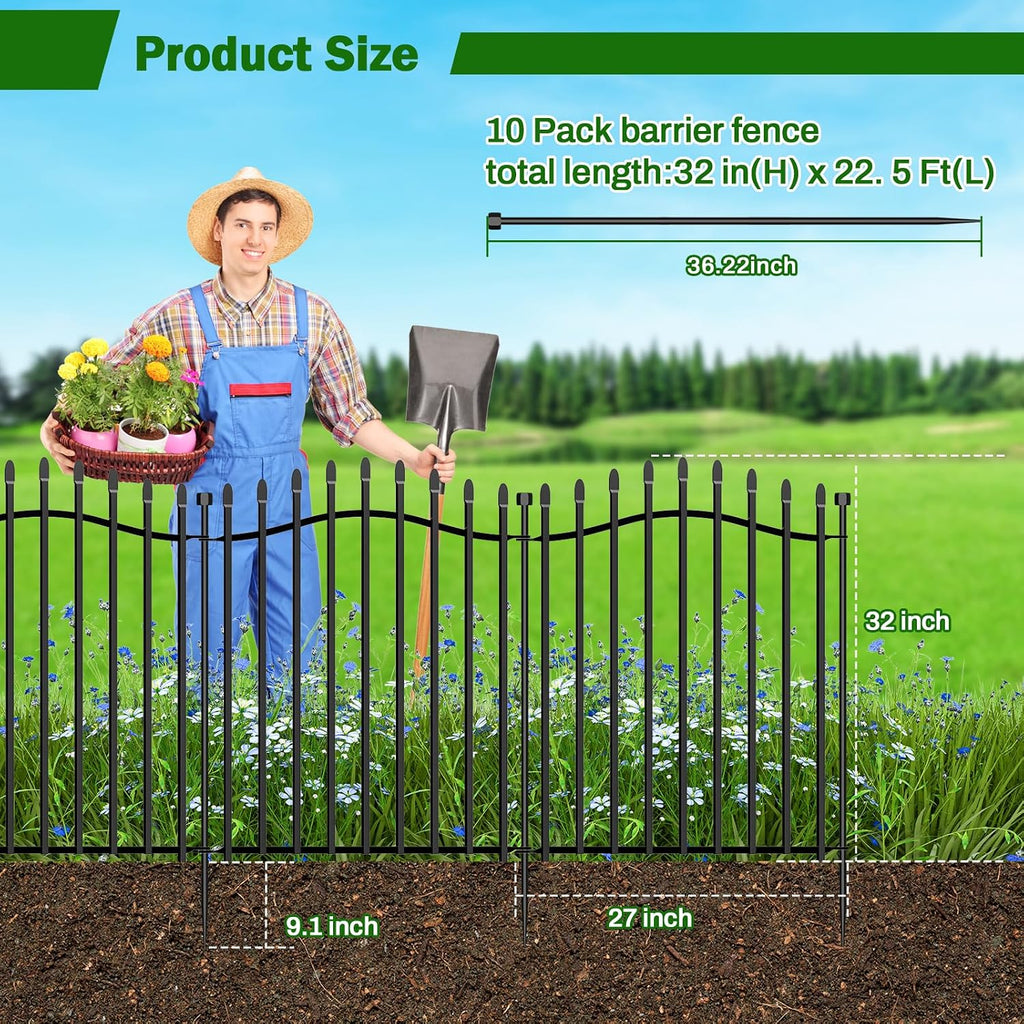 10 Panels No Dig Decorative Garden Fence with Gate - 32in H x 22.5ft L, Reinforced Square Tube Rustproof Tall Animal