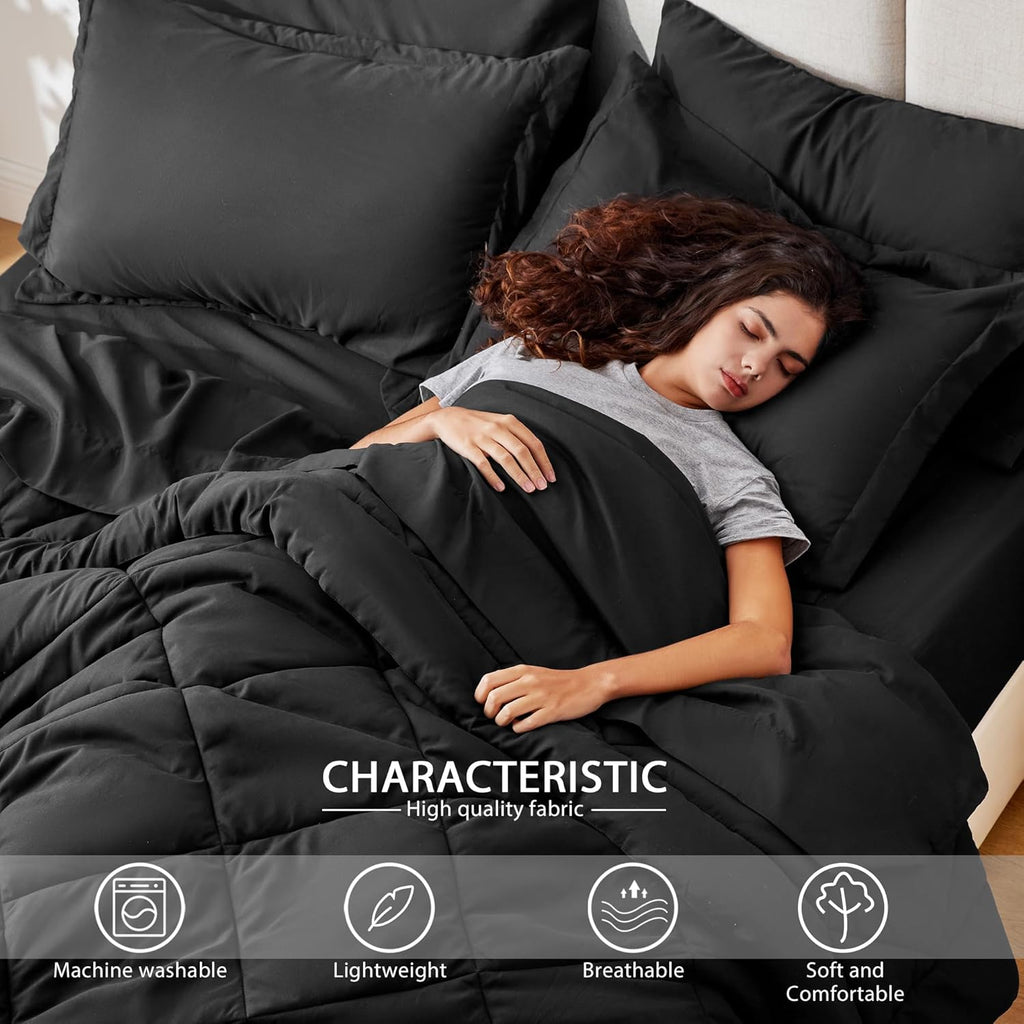 Queen Comforter Set Black, 7 Pieces Queen Bed in a Bag, All Season Bedding Sets with 1 Comforter, 1 Flat Sheet, 1 - Set of 7