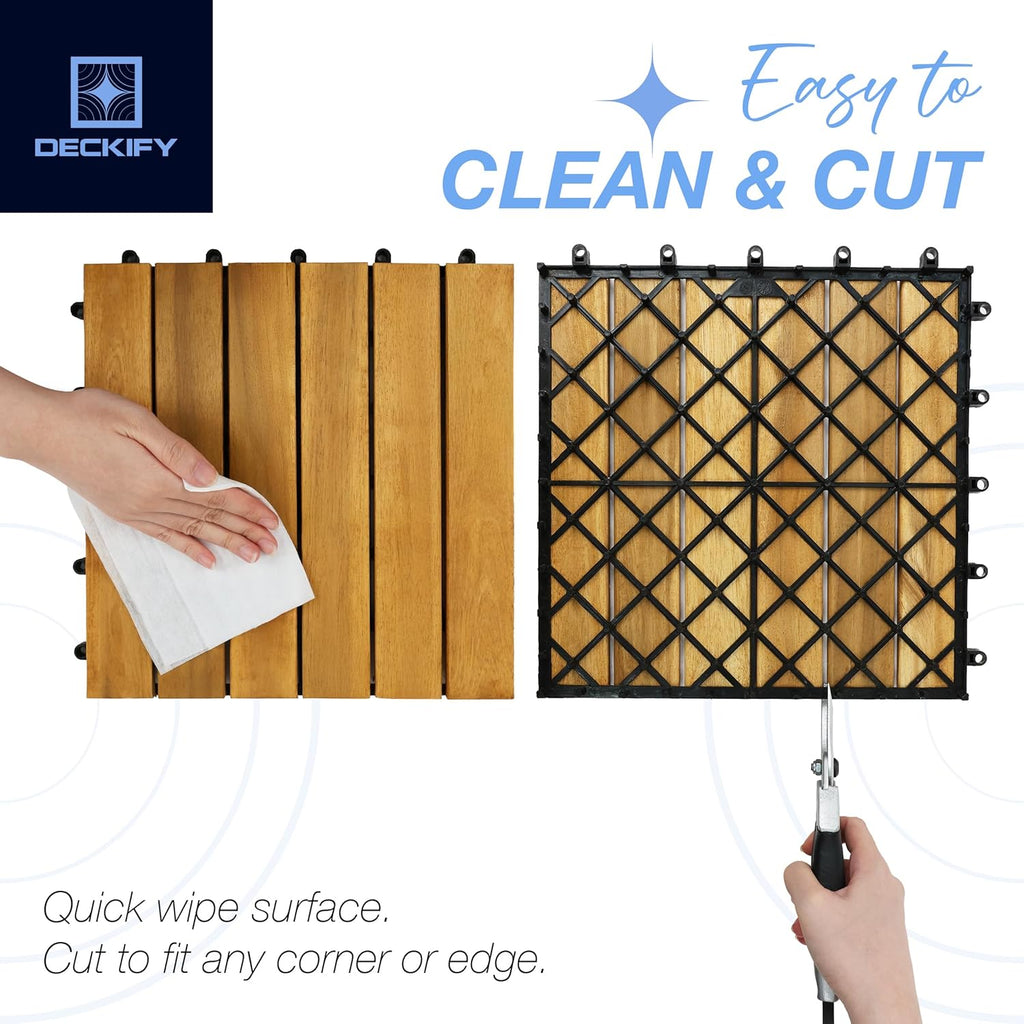 9 Pcs Acacia Wood Interlocking Patio Deck Tiles, 12 x 12 x 0.9 Inch Outdoor Flooring, Waterproof for All-Weather Use