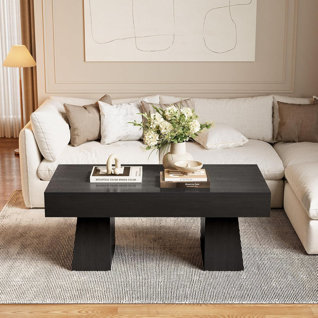 Farmhouse Coffee Table, 47 Inches Wooden Rectangular Accent Center Tables with Thick Base