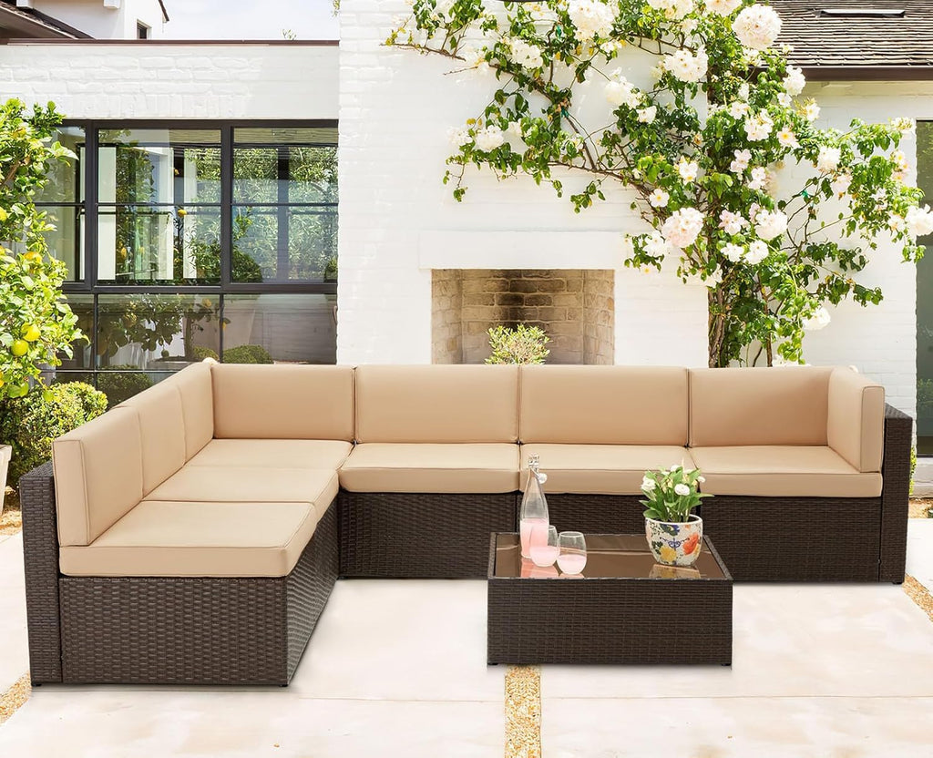7 Piece Outdoor Patio Furniture Set, PE Rattan Wicker Sofa Set, Outdoor Sectional Furniture Chair Set with Cushions