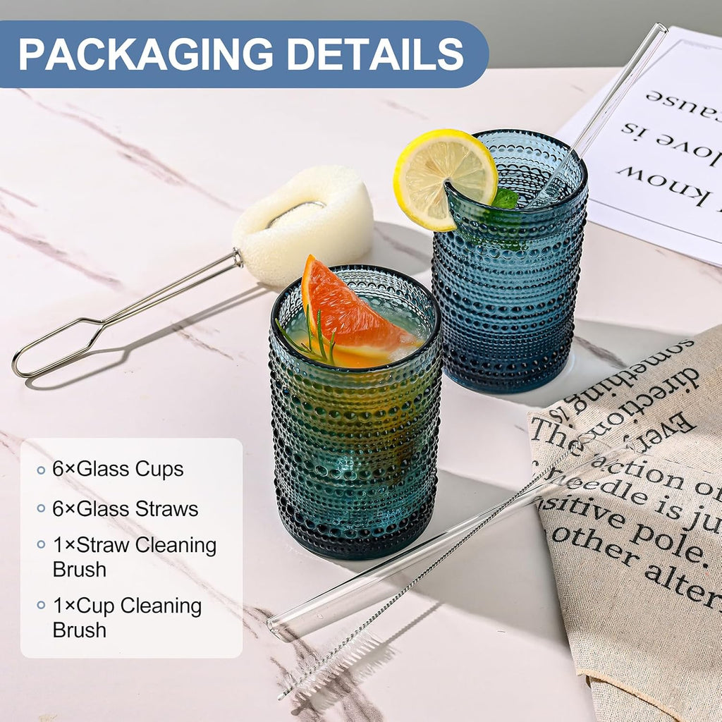 Vintage Glassware Drinking Glasses Set of 6, 15 oz Hobnail Glass Cups,Embossed Blue Water Tumbler,for