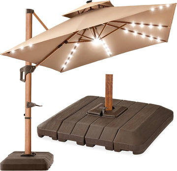 10ft Square Cantilever Patio Umbrella w/Base Included, Woodgrain Pattern Pole & Solar LED Lights, 360-Rotation