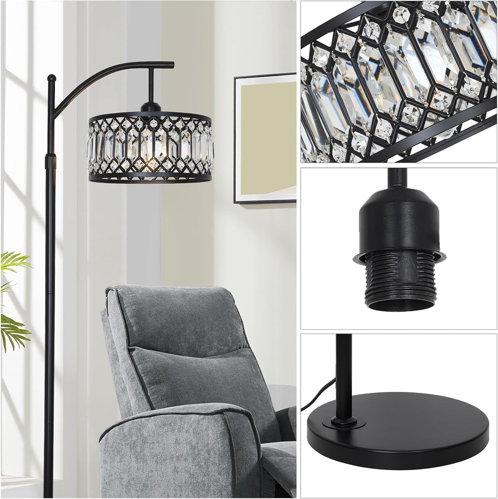 Crystal Floor Lamps, Modern Arc Floor Lamp, Black Standing Lamp with Edison Bulb, Height Adjustable Tall Lamp