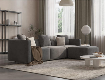 L-Shaped Modular Sectional Sofa with Ottoman, Suedette Dark Grey | Reversible Couch, Larch Wood Frame, Low-Back Design